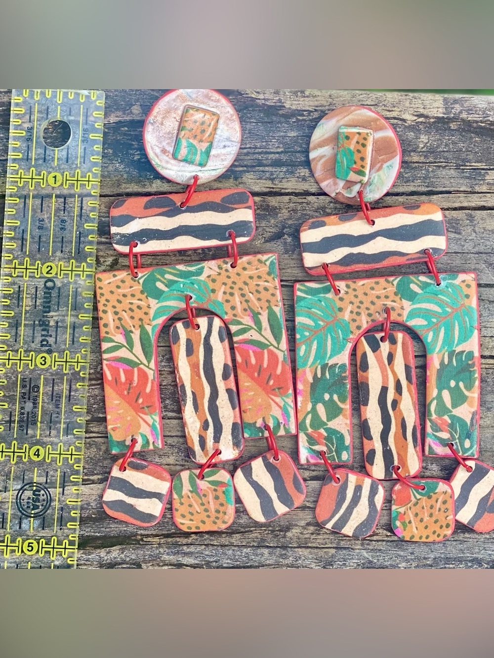 Handcrafted Tropical Print Dangle Earrings in Green & Coral